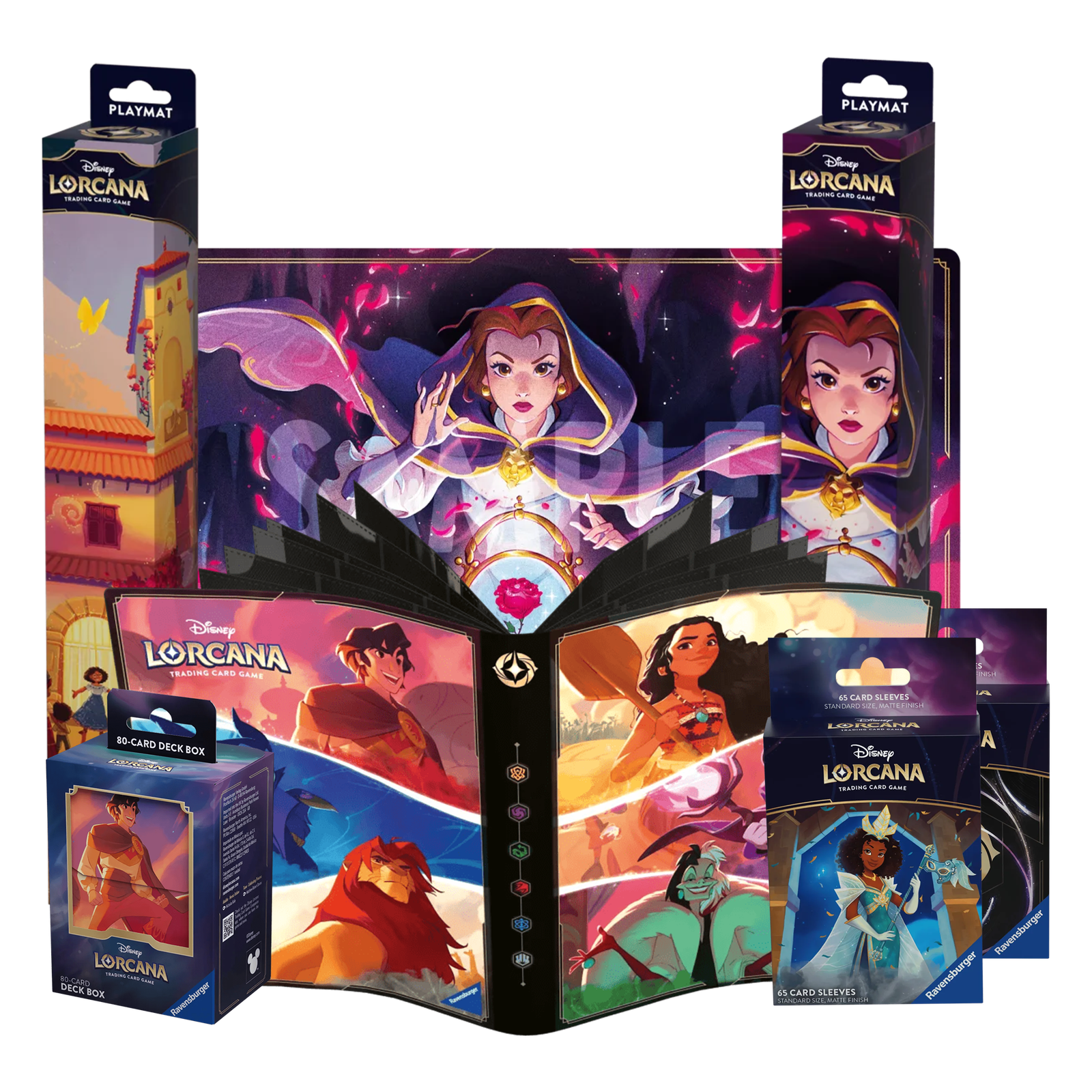 pack d'accessoires disney lorcana avec tapis, portofolio, boite de deck et protèges cartes